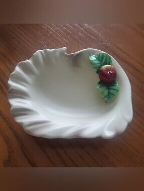 Creamy White Ceramic Leaf Dish Handpainted Red Apple Accent Ruffled Edge